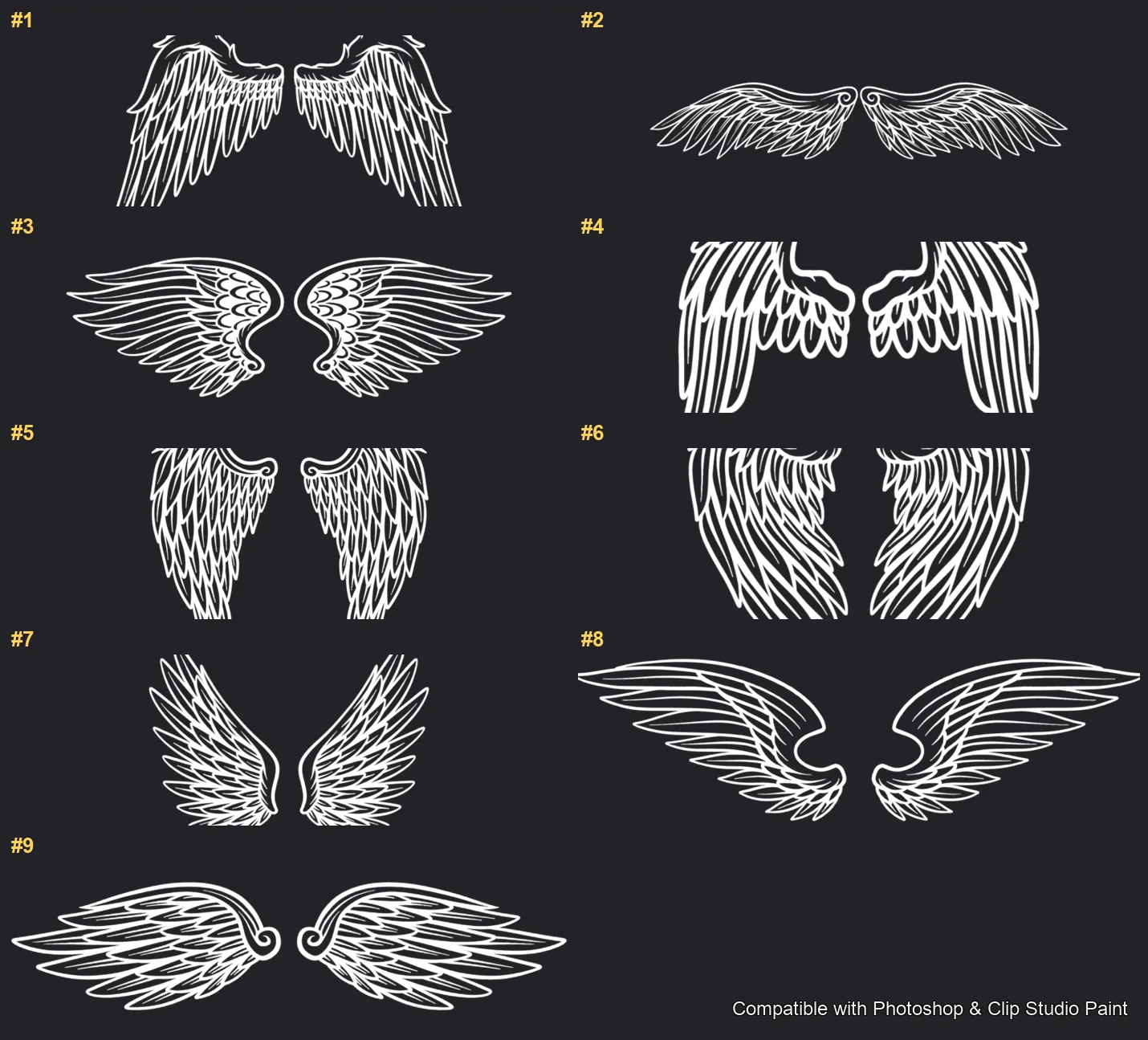 Angel Wings Photoshop & Clip Studio Paint brushes overview sheet 1