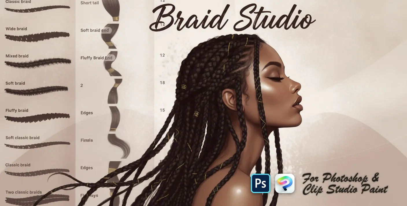 Braid Studio Photoshop & Clip Studio Paint brush set — 33 brushes, hair