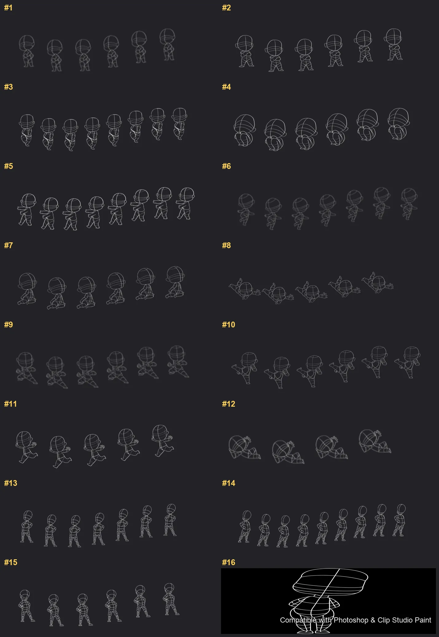 Chibi Squad Photoshop & Clip Studio Paint brushes overview sheet 1