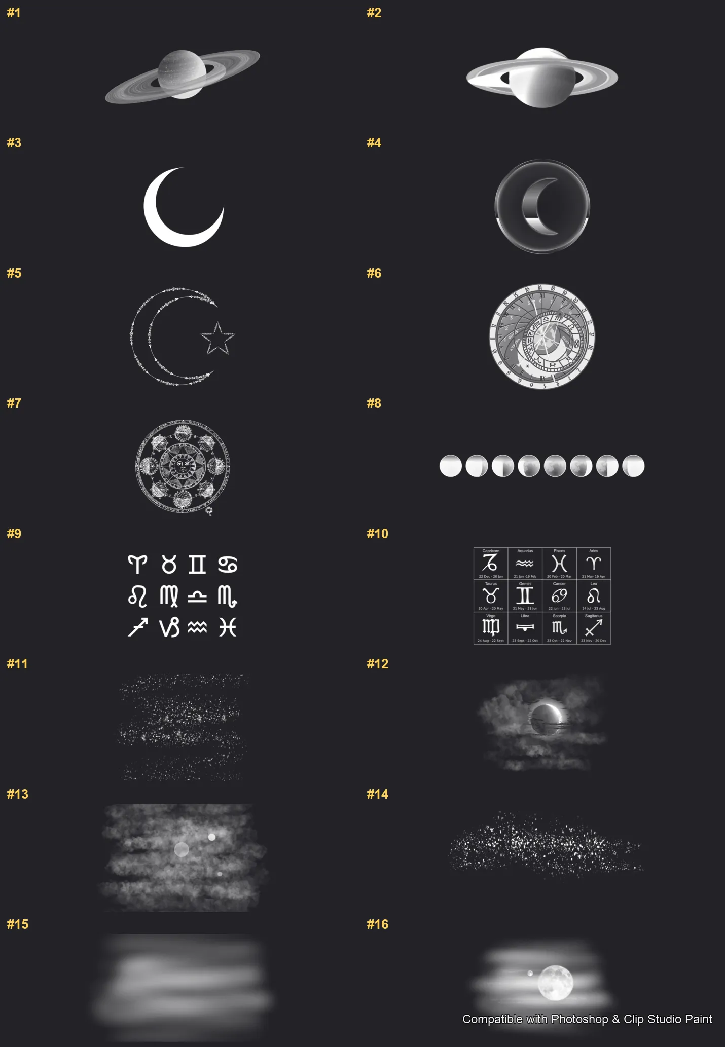 Cosmic Moon Photoshop & Clip Studio Paint brushes overview sheet 1