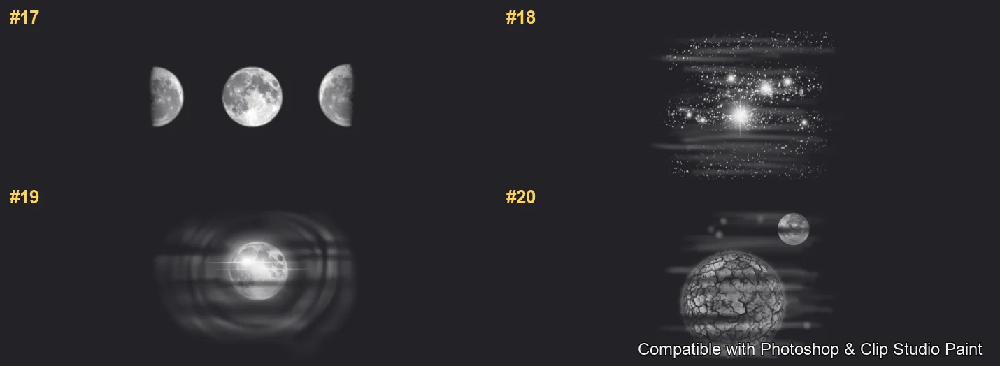 Cosmic Moon Photoshop & Clip Studio Paint brushes overview sheet 2