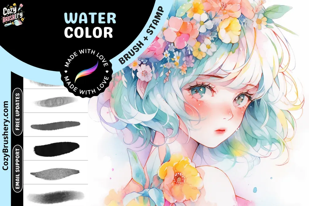 Free Anime Watercolor Brushes — cover by CozyBrushery