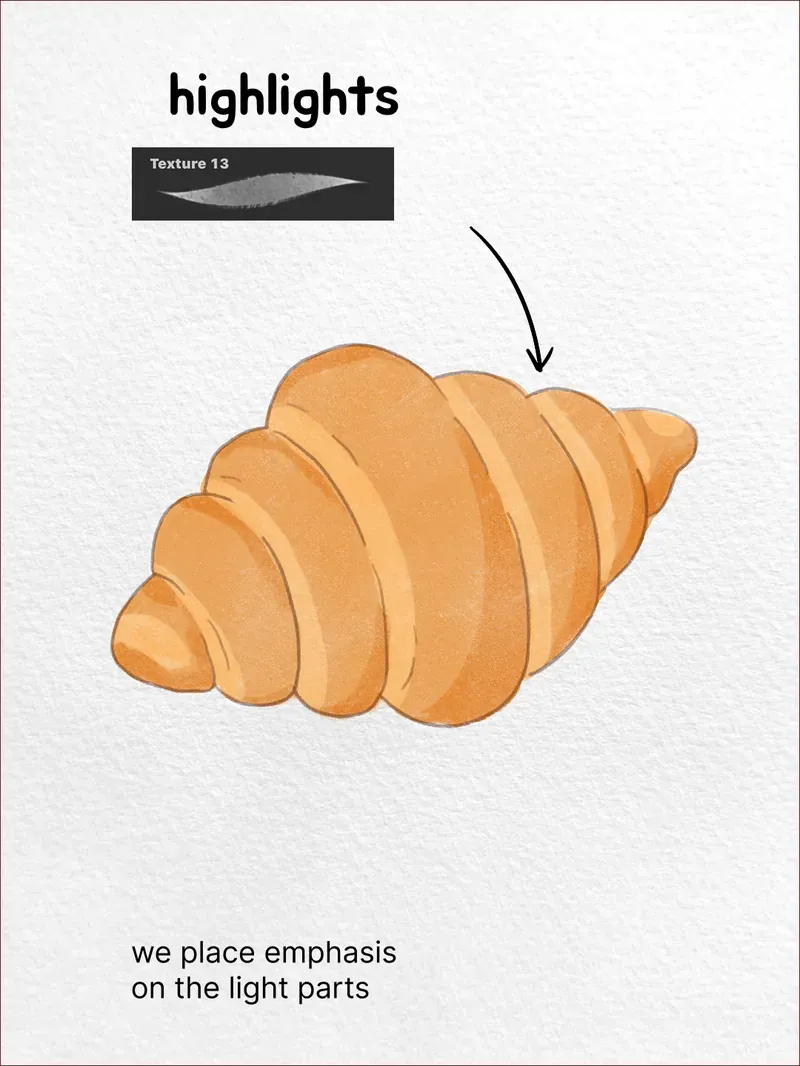 Step 4: Build the highlights — how to draw a croissant in Procreate