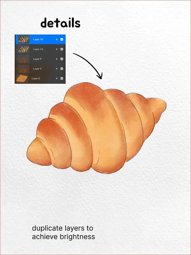 Step 6: Duplicate layers for depth — how to draw a croissant in Procreate