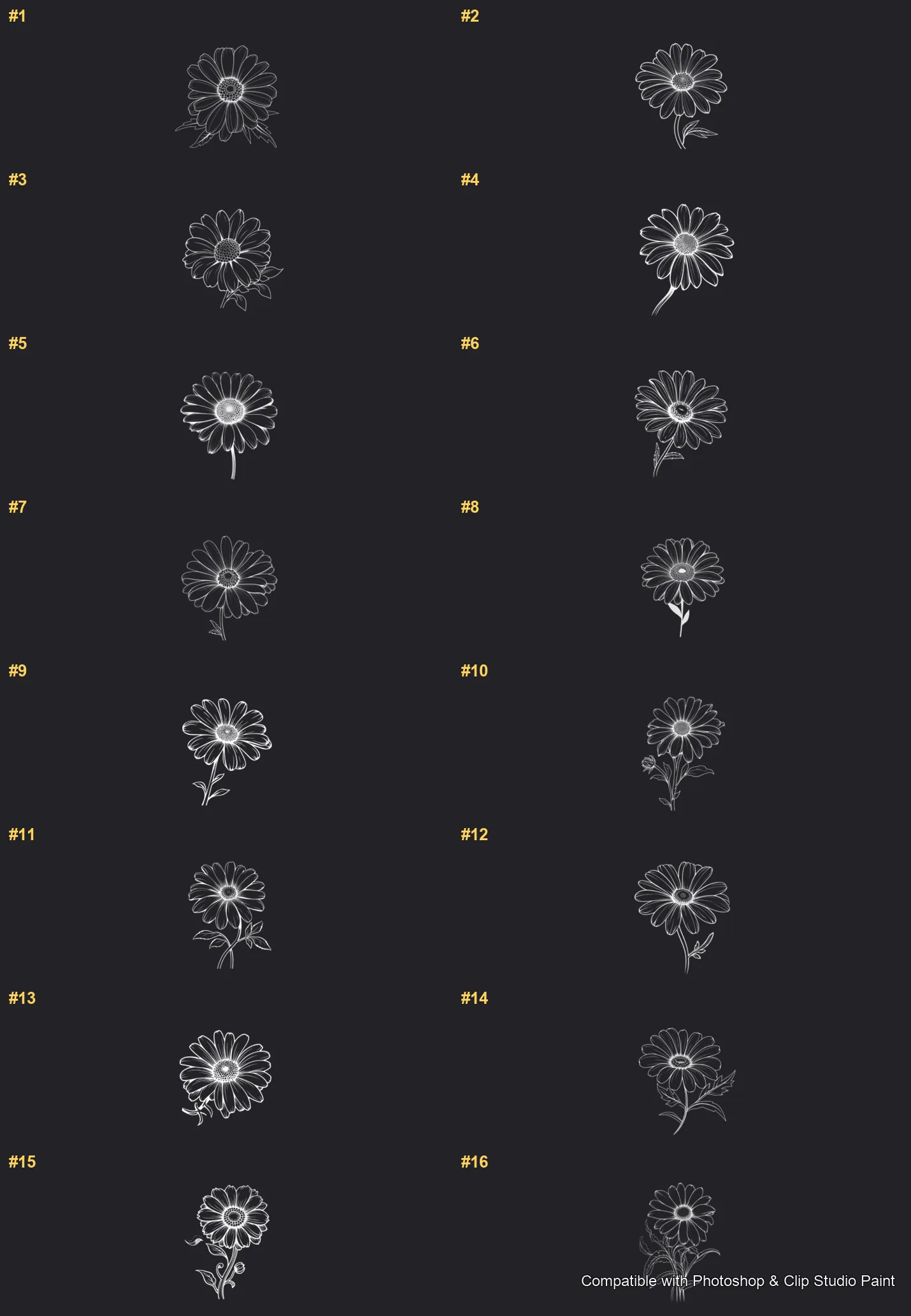 Daisy Garden Photoshop & Clip Studio Paint brushes overview sheet 1