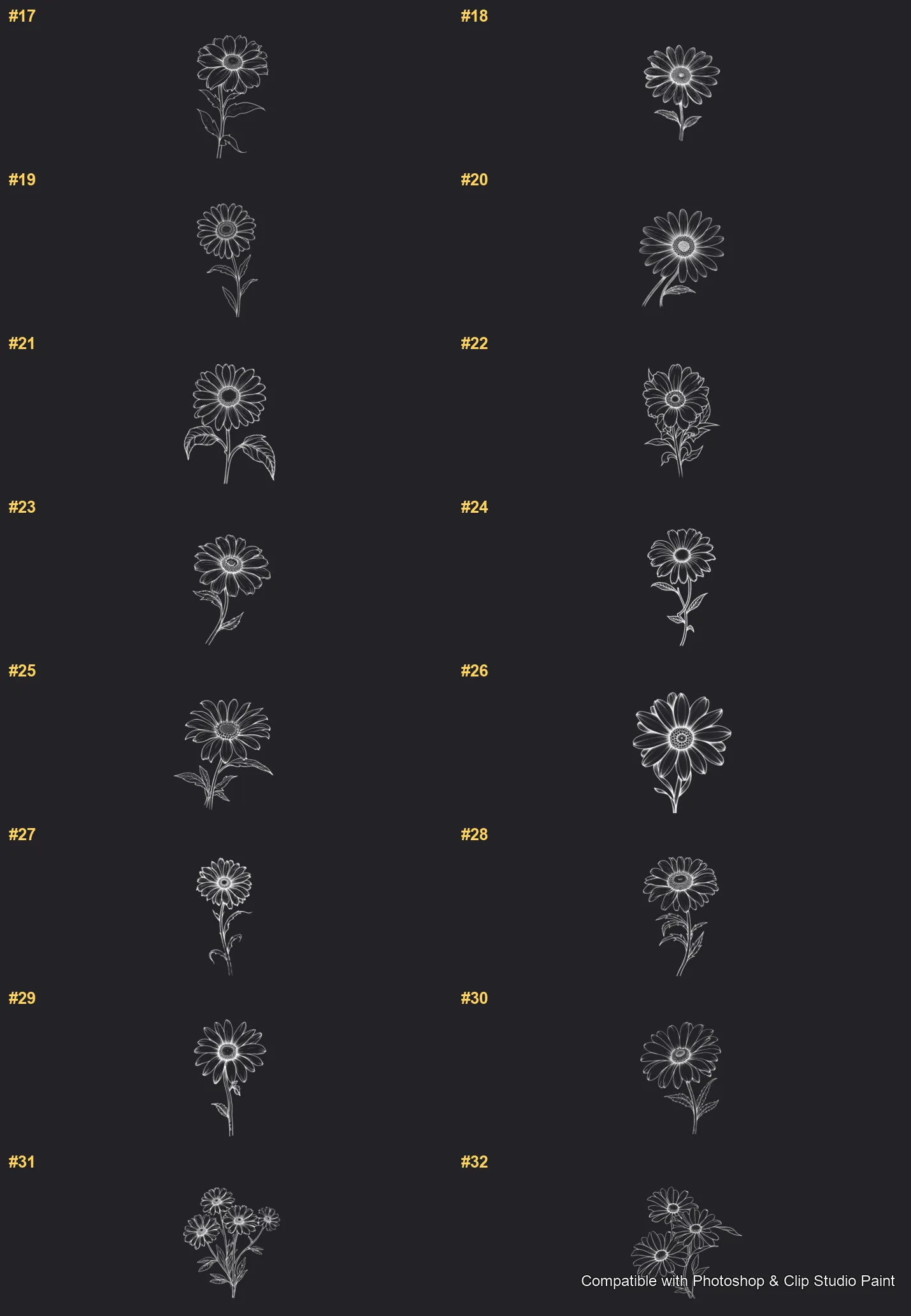 Daisy Garden Photoshop & Clip Studio Paint brushes overview sheet 2