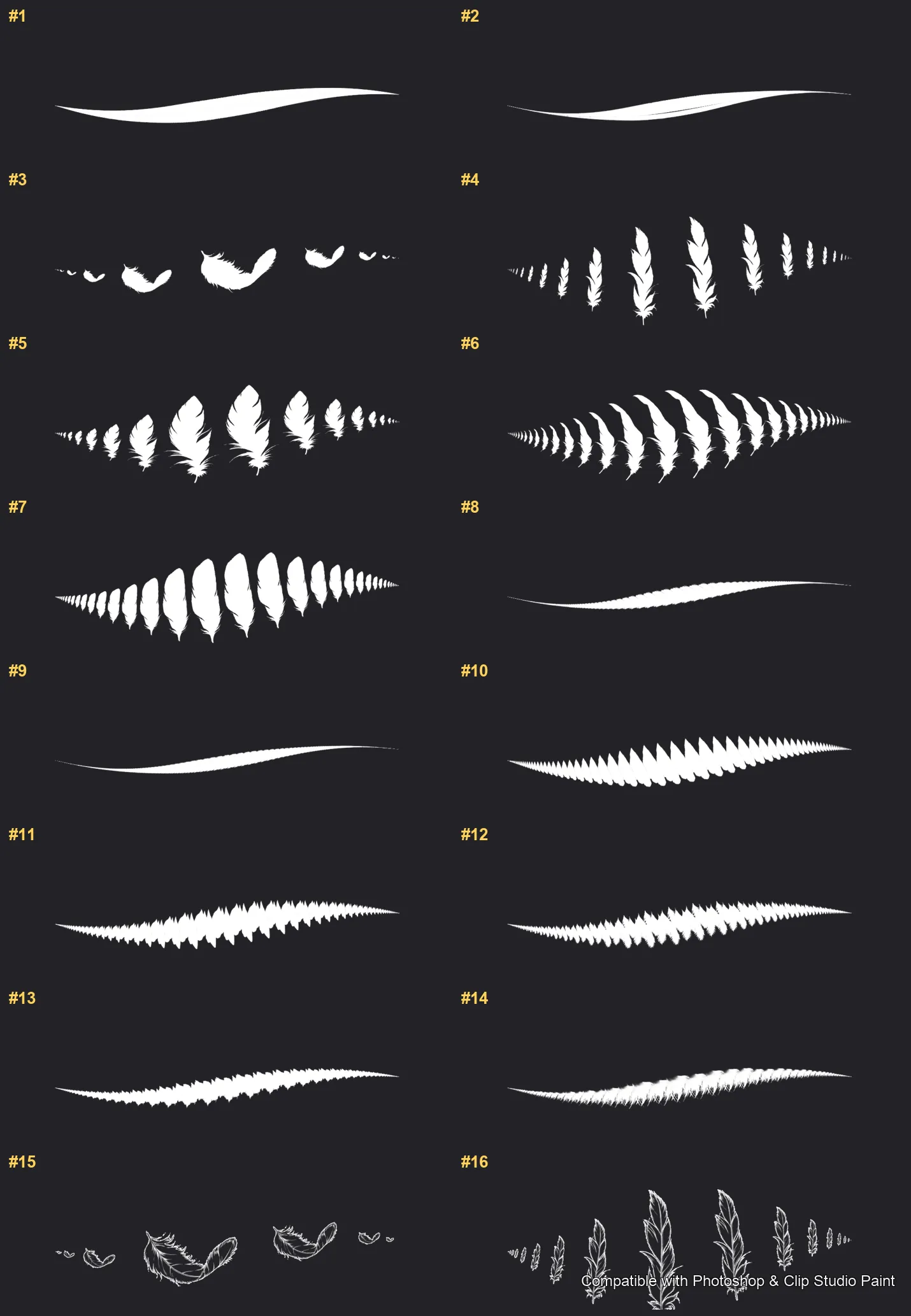 Feather Fall Photoshop & Clip Studio Paint brushes overview sheet 1