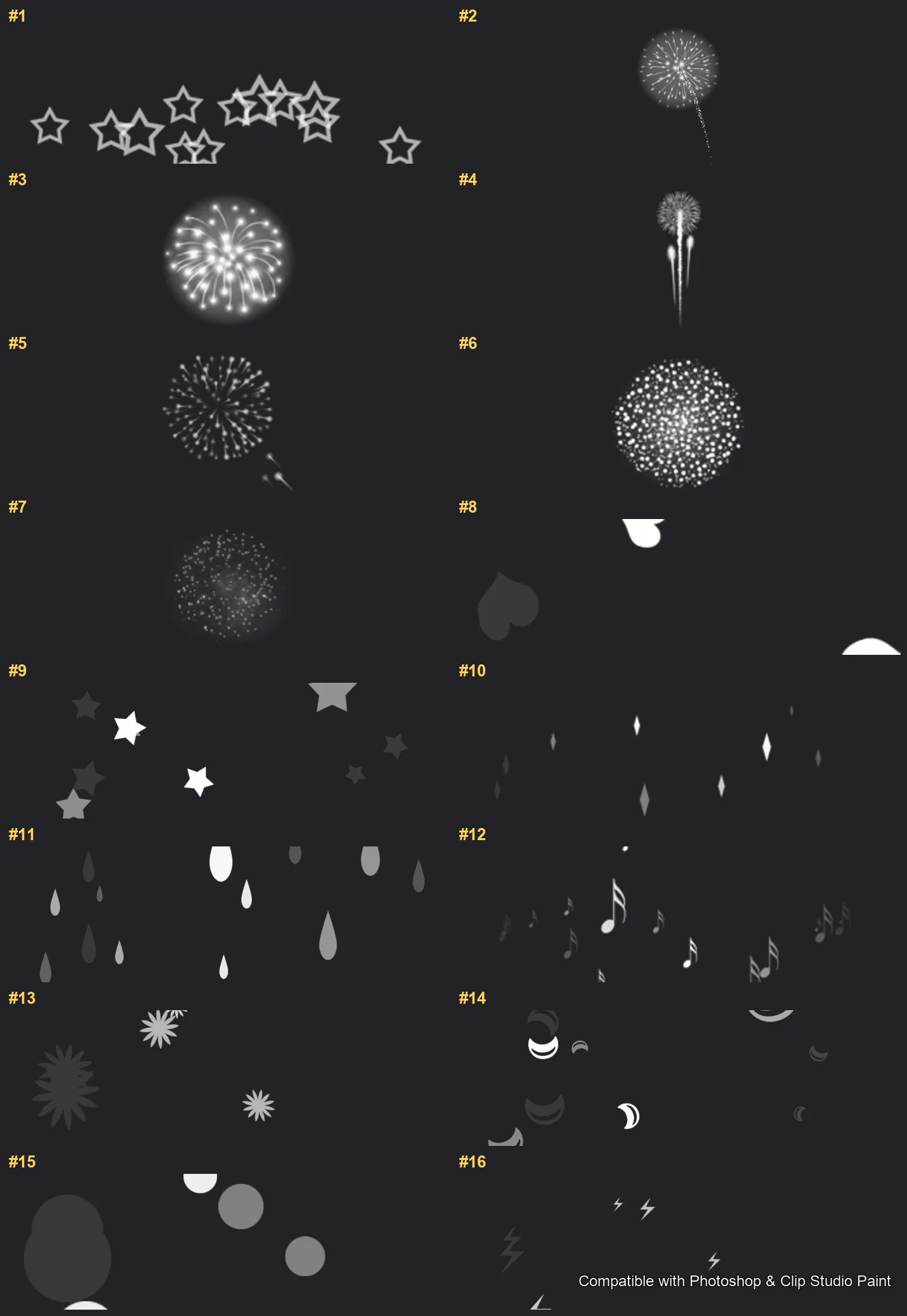 Festive Sparks Photoshop & Clip Studio Paint brushes overview sheet 1