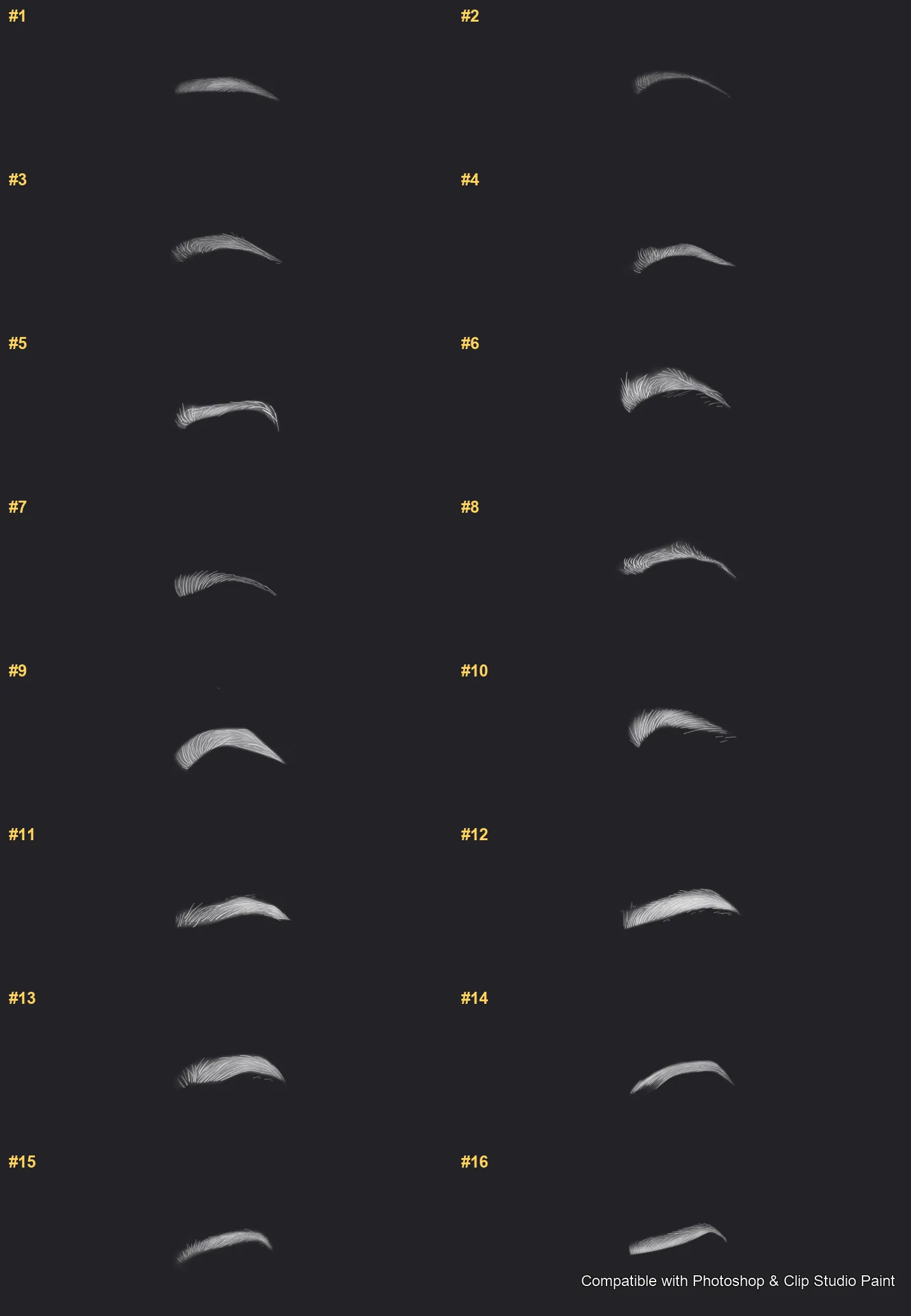 Flawless Brows Photoshop & Clip Studio Paint brushes overview sheet 1