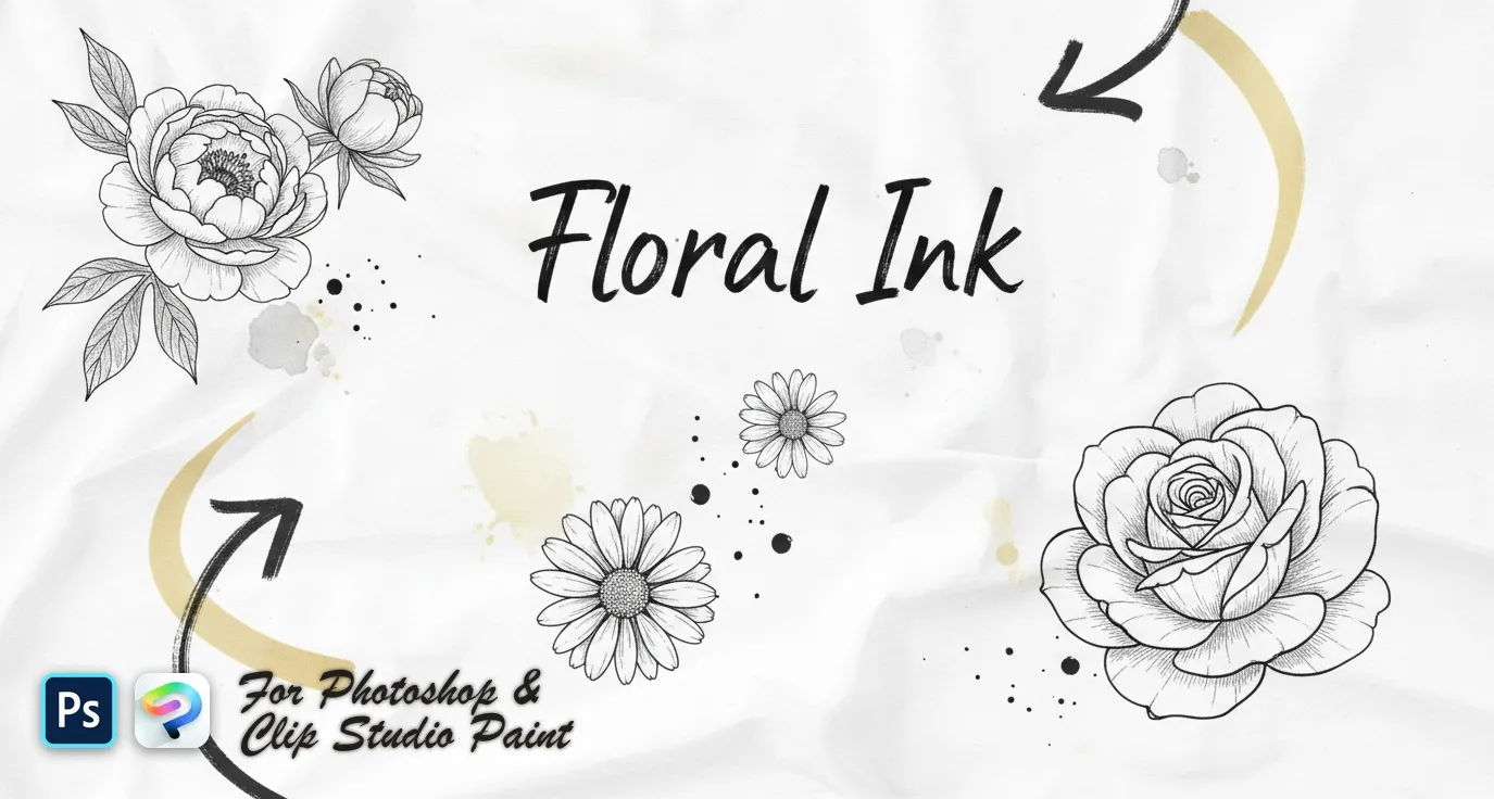 Floral Ink Photoshop & Clip Studio Paint brush set cover