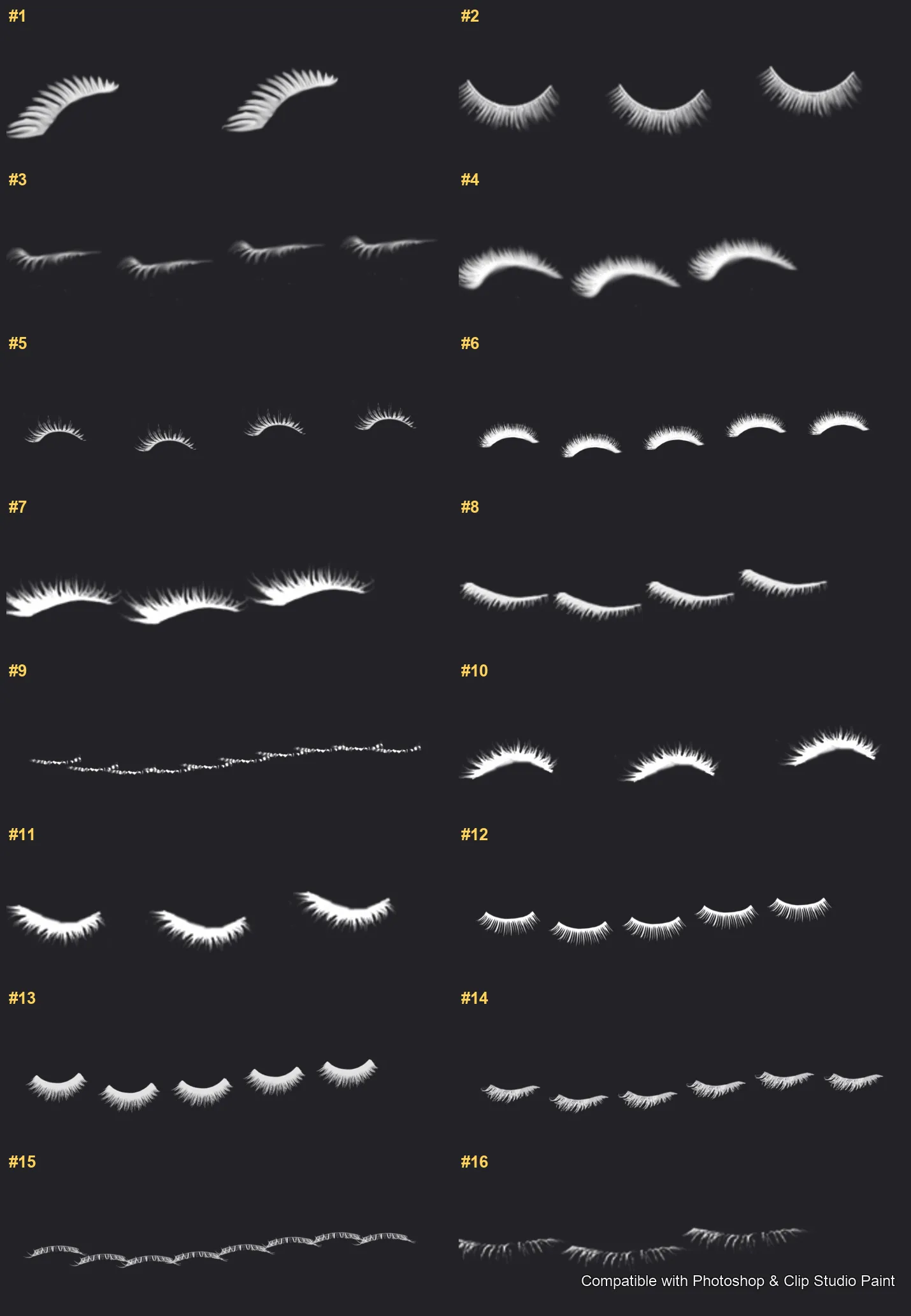 Flutter Lashes Photoshop & Clip Studio Paint brushes overview sheet 1