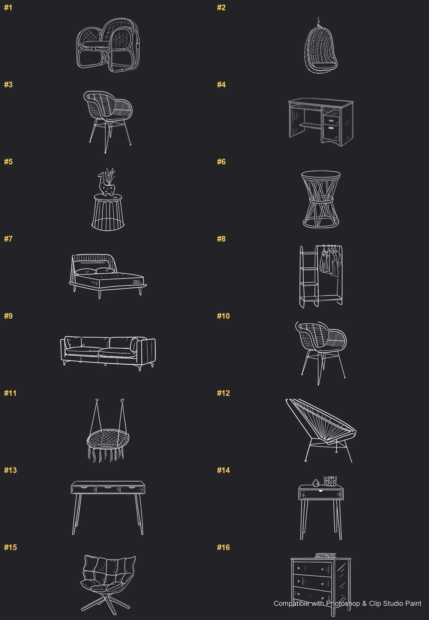 Furnish Studio Photoshop & Clip Studio Paint brushes overview sheet 1
