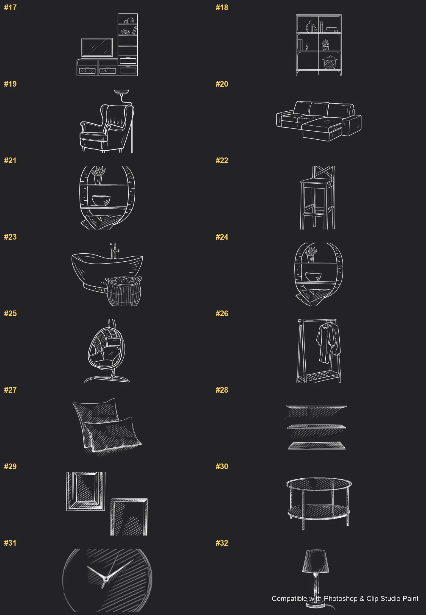 Furnish Studio Photoshop & Clip Studio Paint brushes overview sheet 2