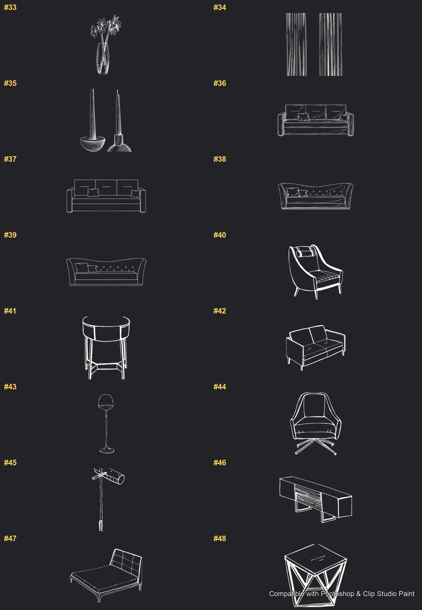 Furnish Studio Photoshop & Clip Studio Paint brushes overview sheet 3