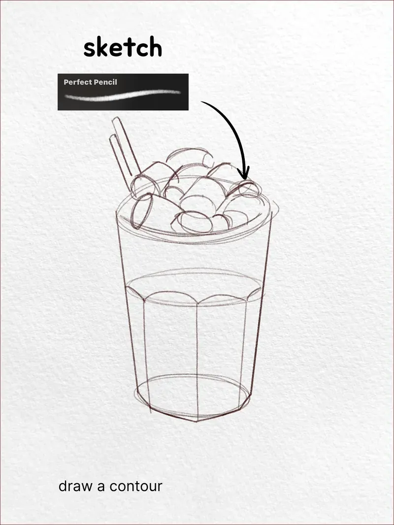 Step 1: Sketch the glass and toppings — how to draw a iced latte in Procreate