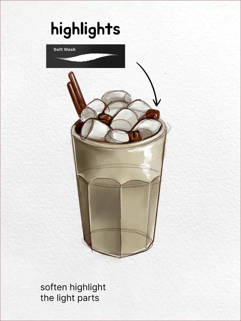 Step 6: Lift the highlights — how to draw a iced latte in Procreate