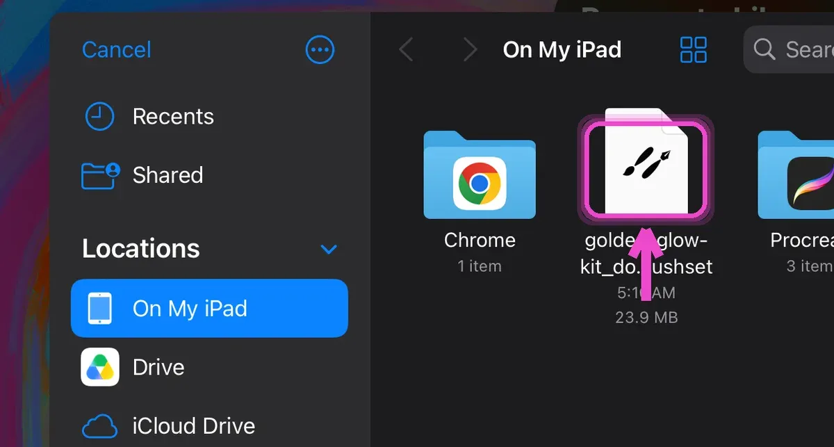 Select your brush file — how to install Procreate brushes on iPad