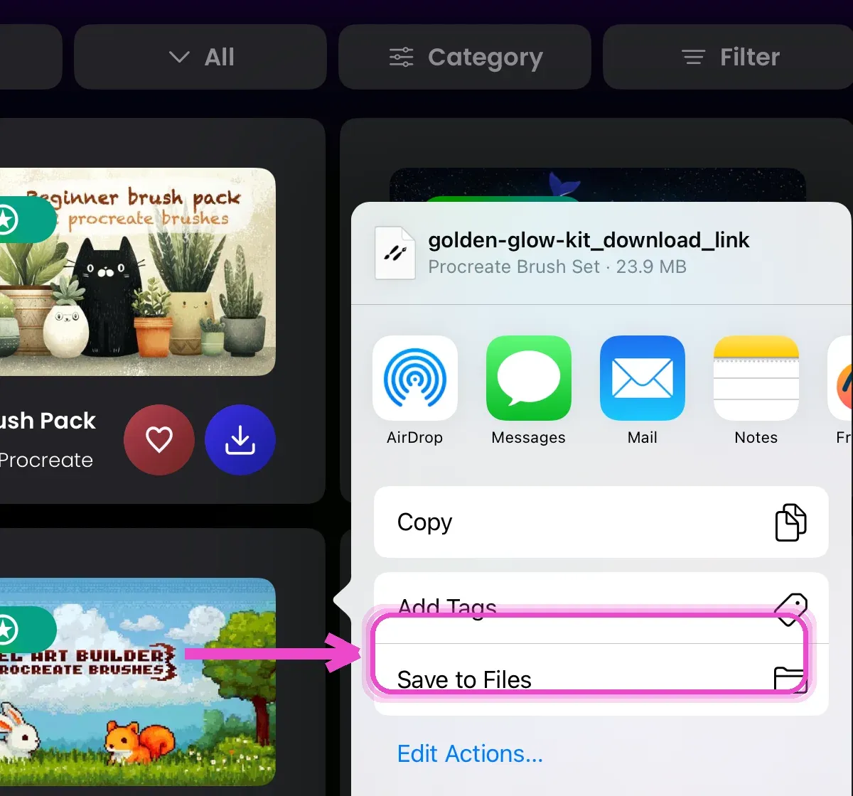 Tap the download button — how to install Procreate brushes on iPad