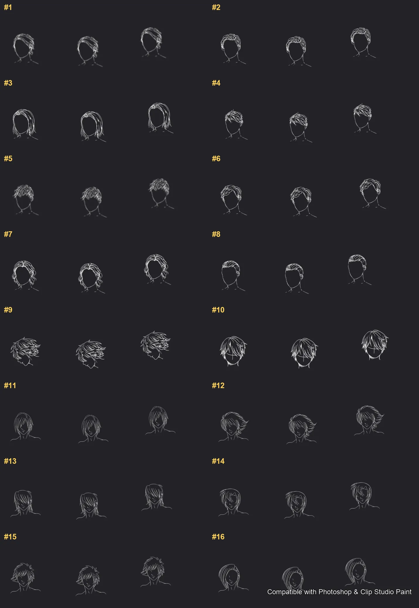 Manga Hair Maker Photoshop & Clip Studio Paint brushes overview sheet 1