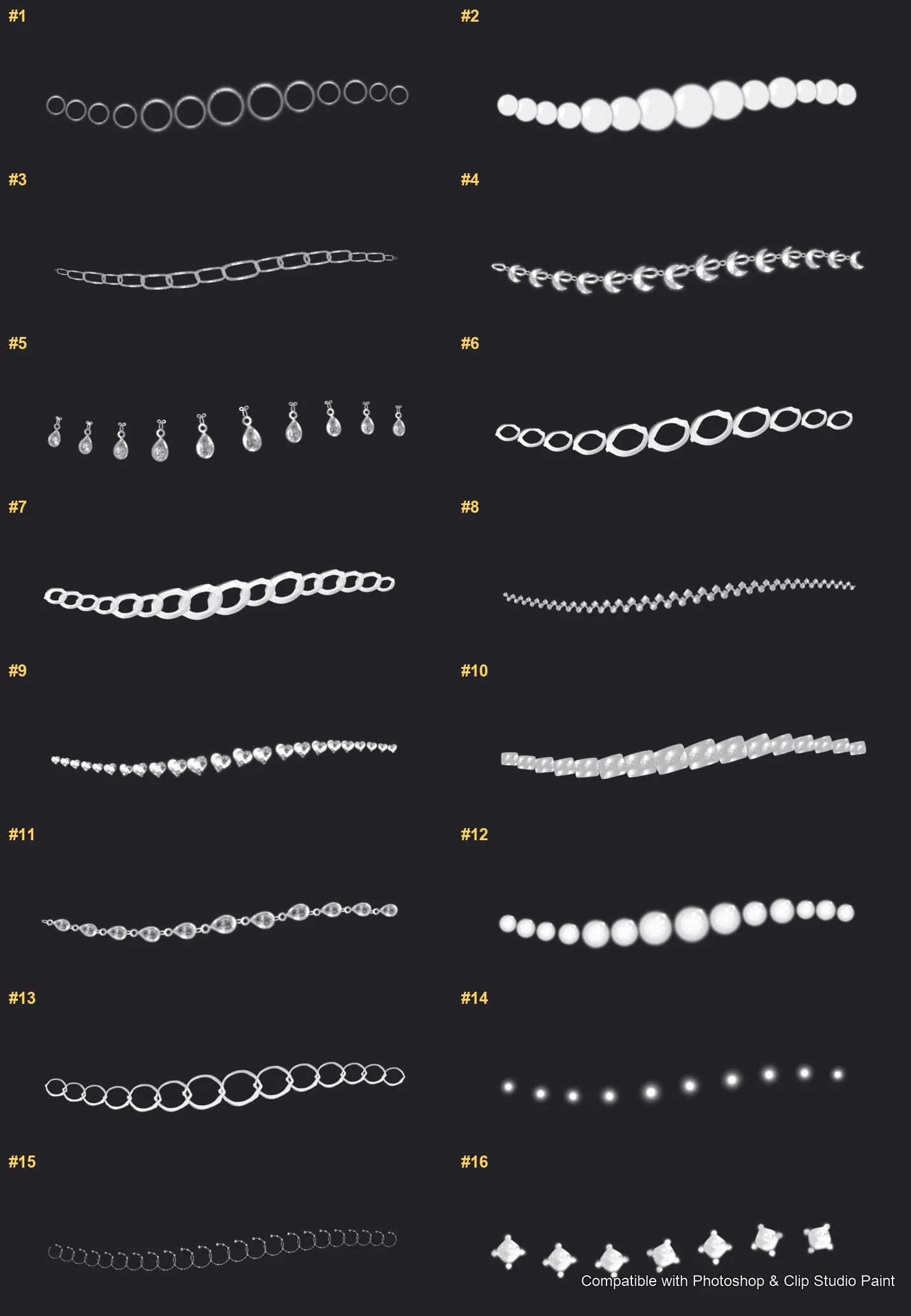 Necklace Studio Photoshop & Clip Studio Paint brushes overview sheet 1