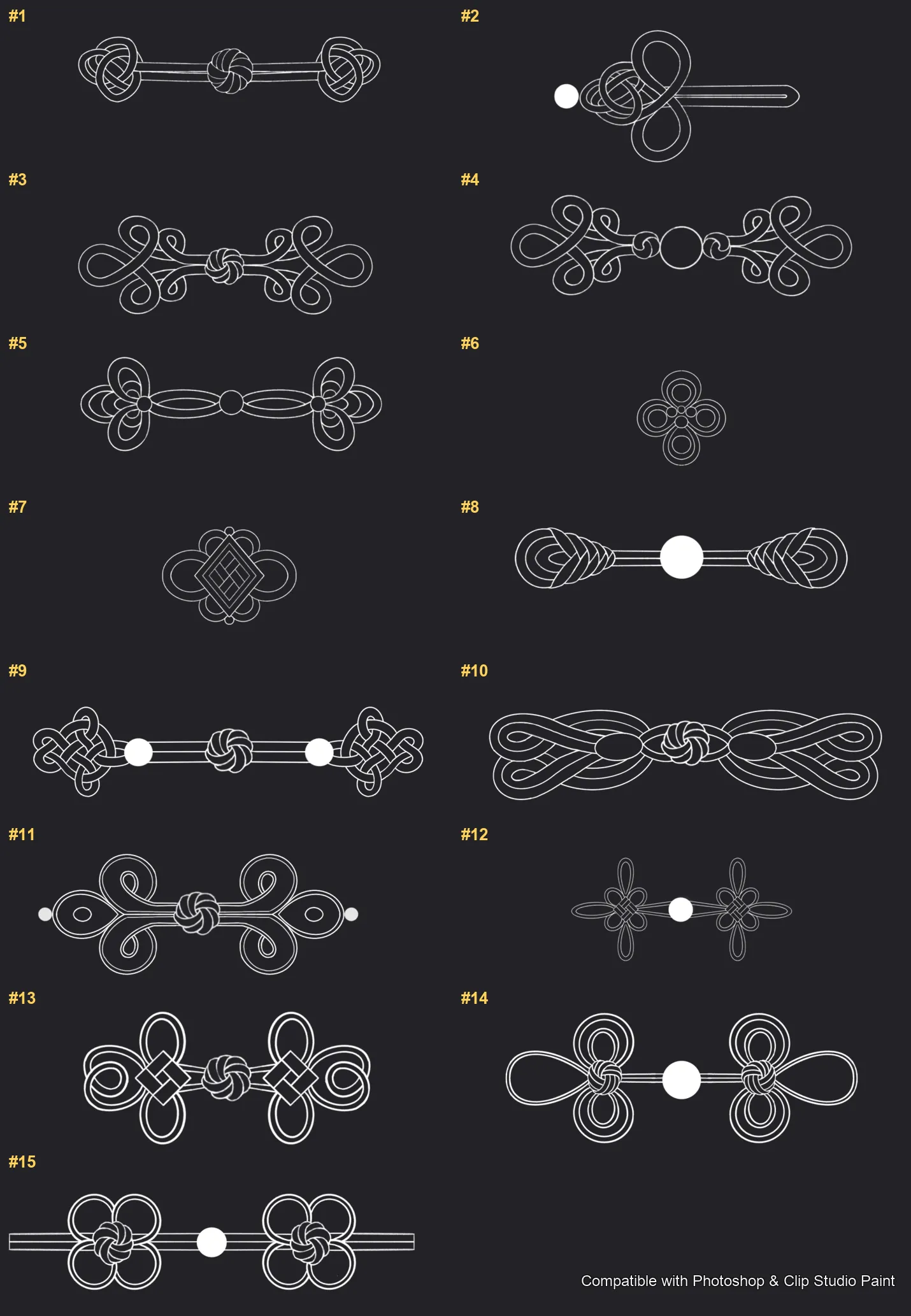 Oriental Frog Knots Photoshop & Clip Studio Paint brushes overview sheet 1