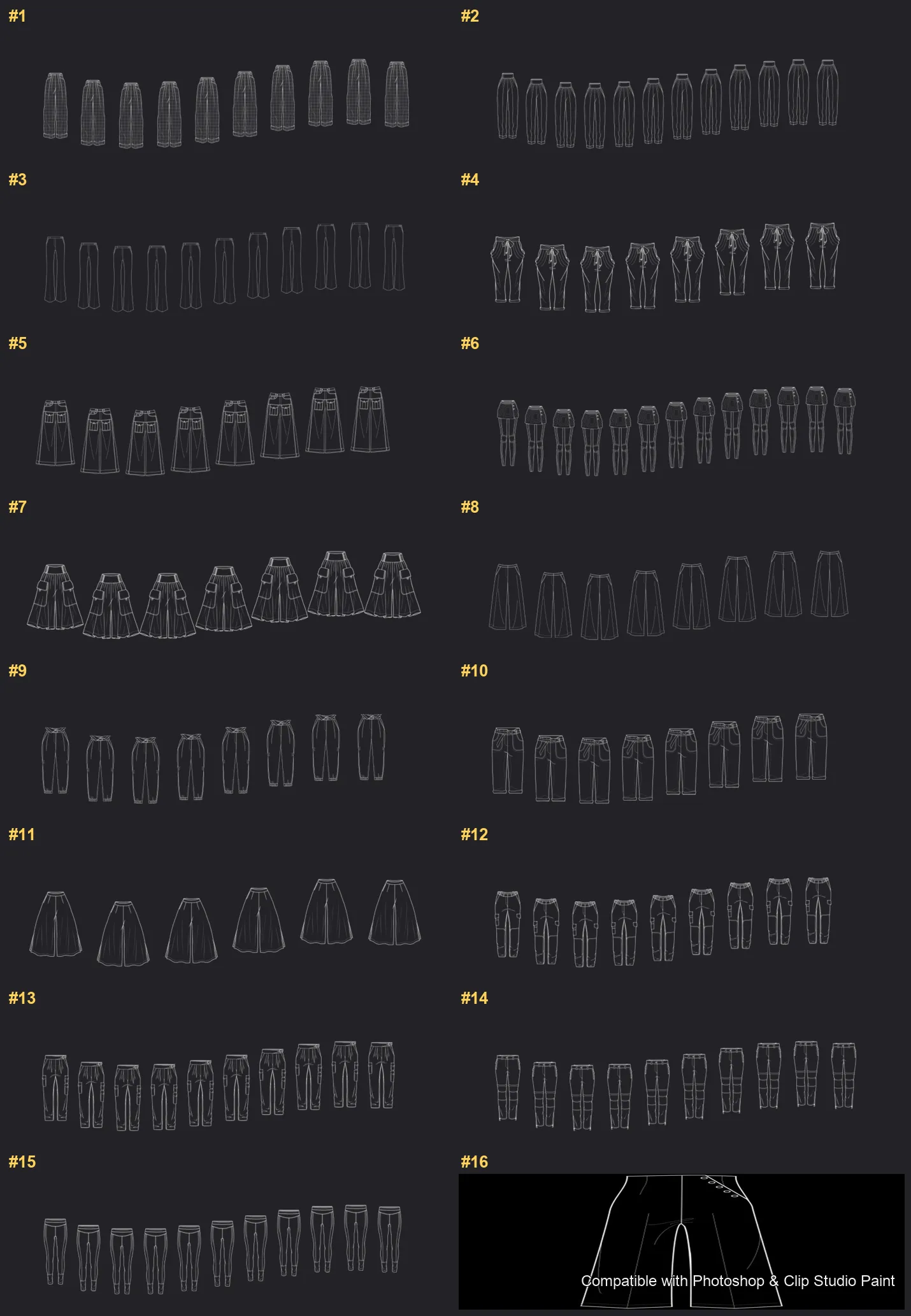 Pants Flats Photoshop & Clip Studio Paint brushes overview sheet 1
