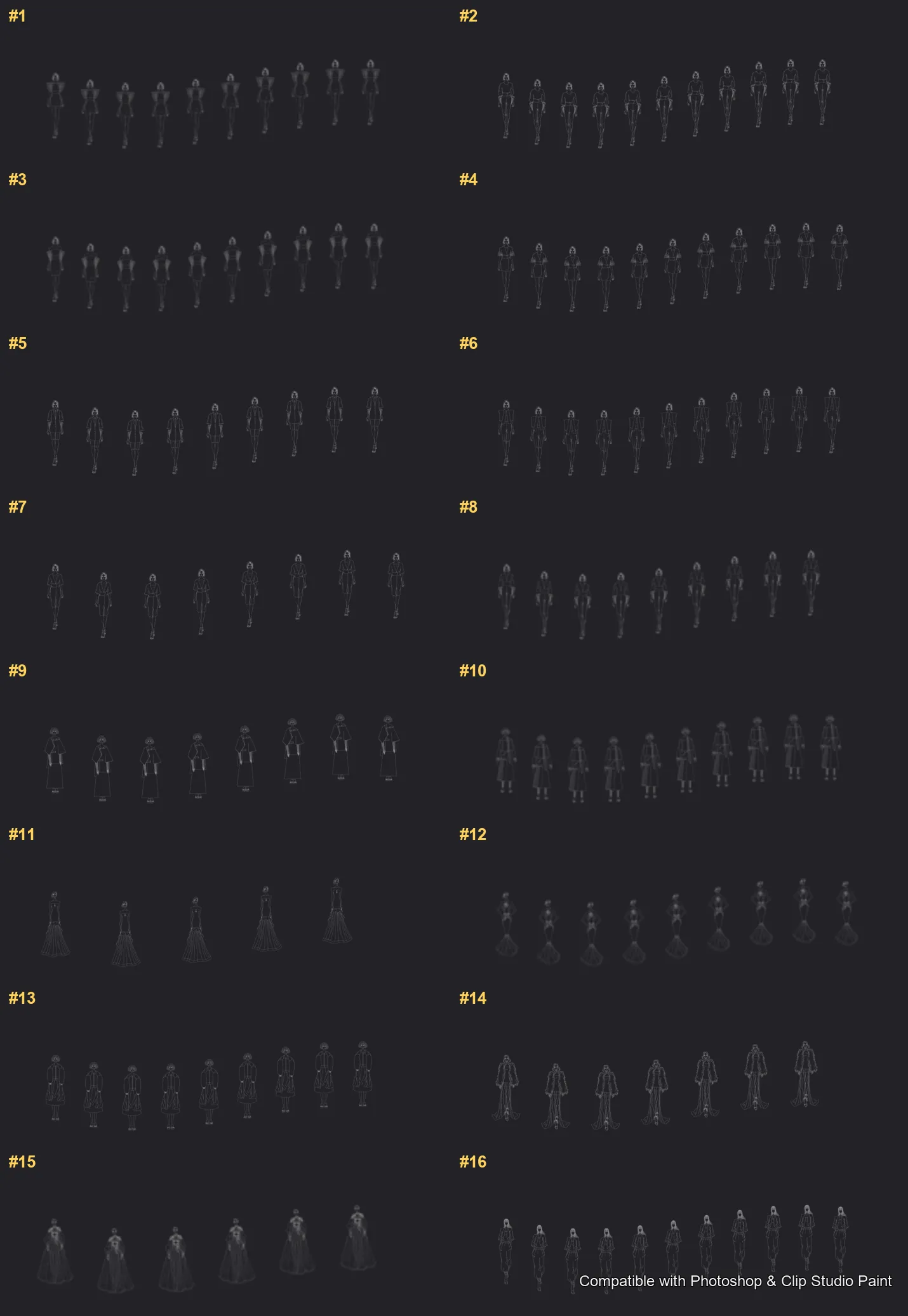 Runway Figures Photoshop & Clip Studio Paint brushes overview sheet 1