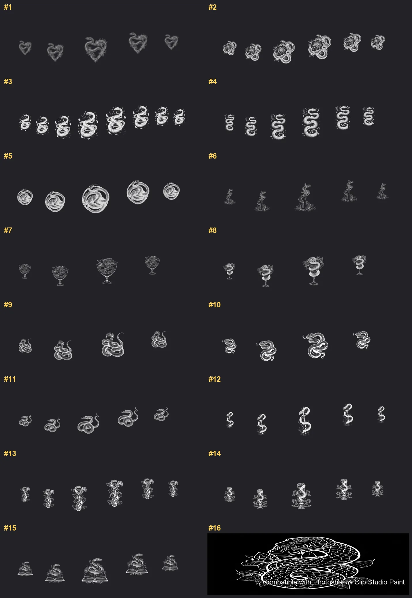 Serpent Ink Photoshop & Clip Studio Paint brushes overview sheet 1