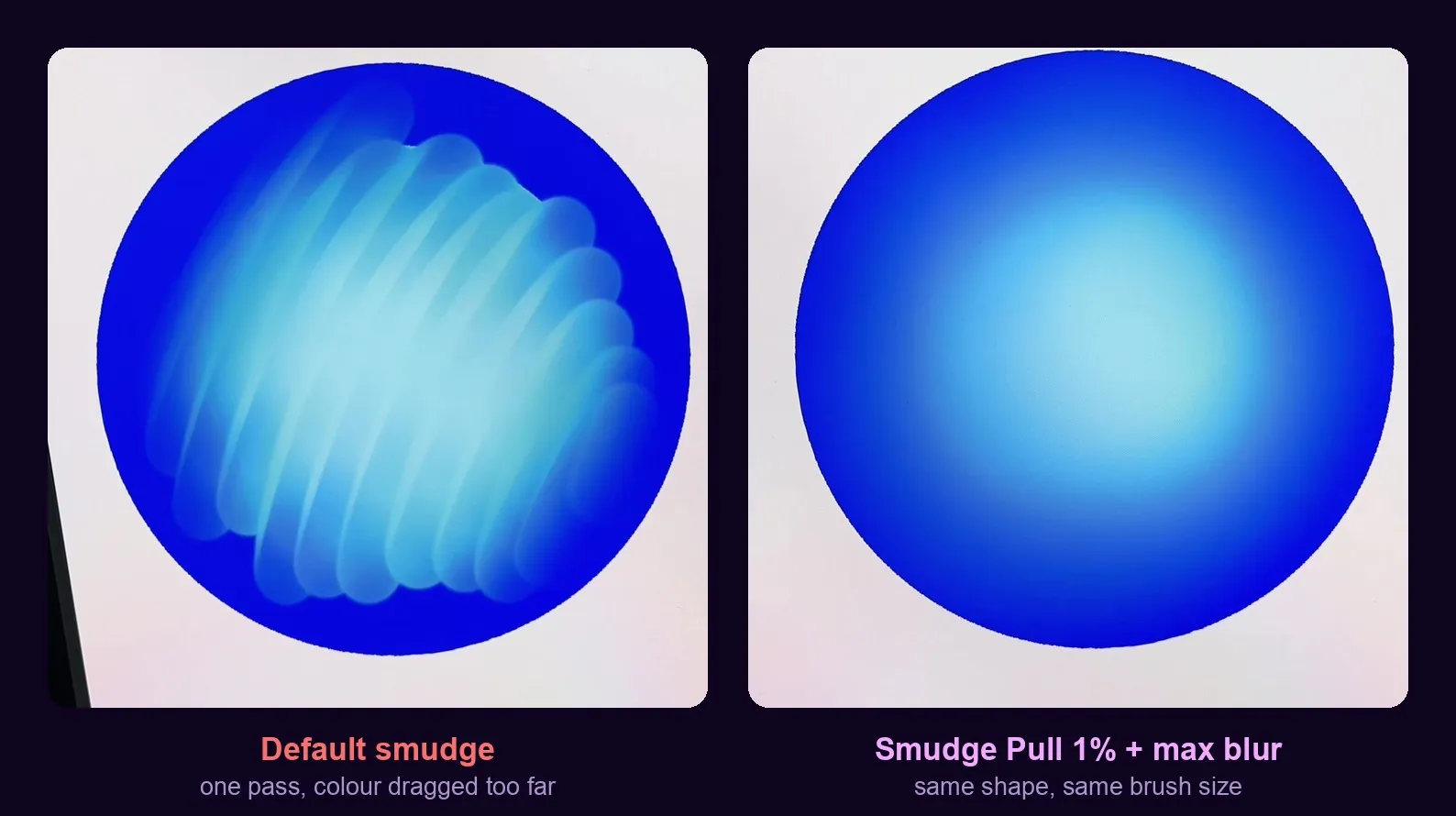 Two blue spheres shaded in Procreate: the left one banded and streaky from the default smudge brush, the right one a smooth gradient after lowering Smudge Pull and raising Wet Mix blur