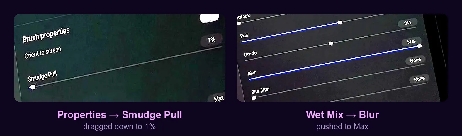 Procreate Brush Studio: Smudge Pull lowered to one per cent under Properties, and Blur pushed to Max under Wet Mix