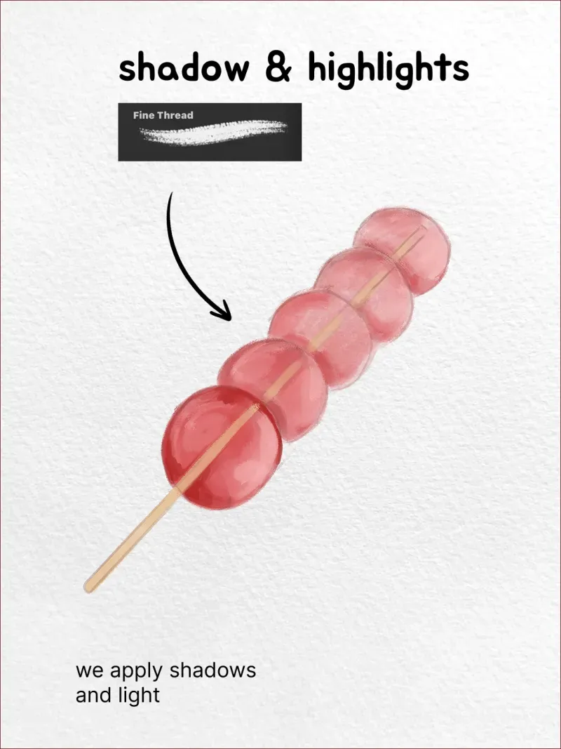 Step 3: Add shadow and highlight to one sphere — how to draw a tanghulu in Procreate
