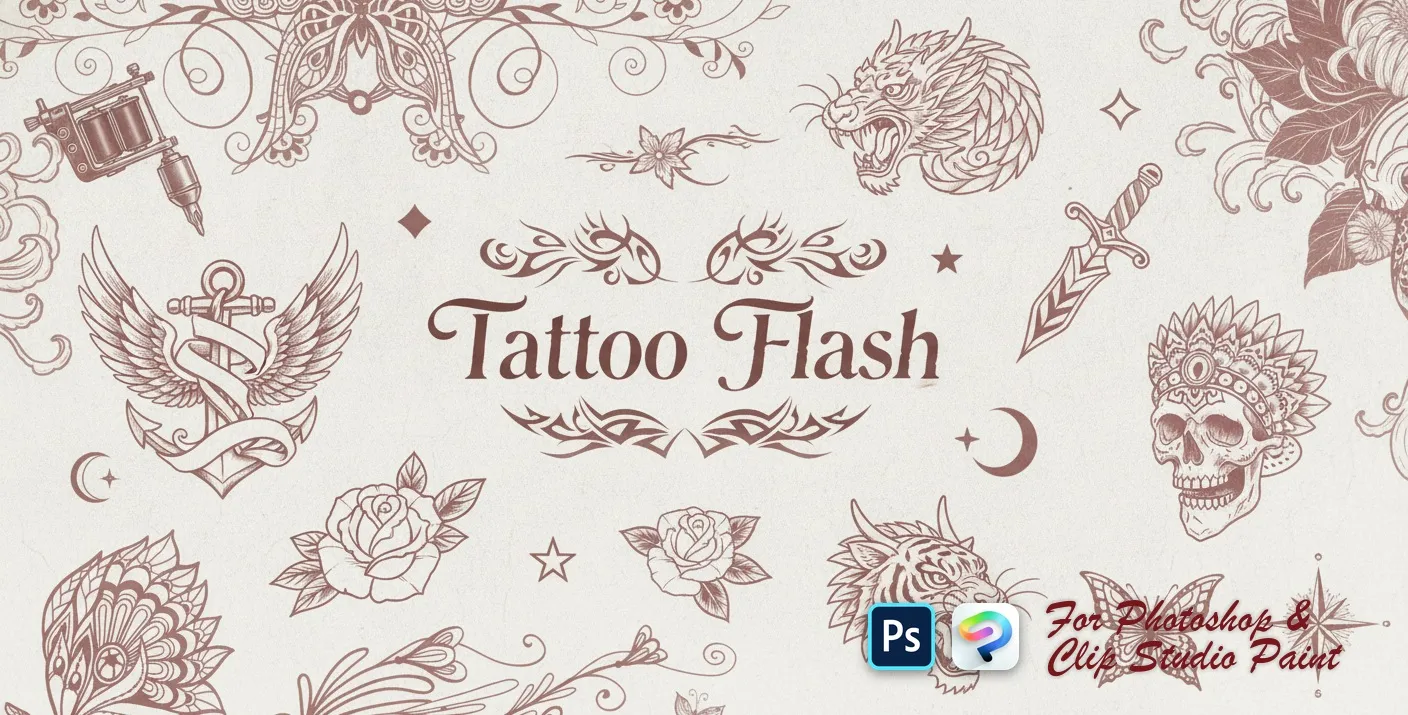 Tattoo Flash Photoshop & Clip Studio Paint brush set cover