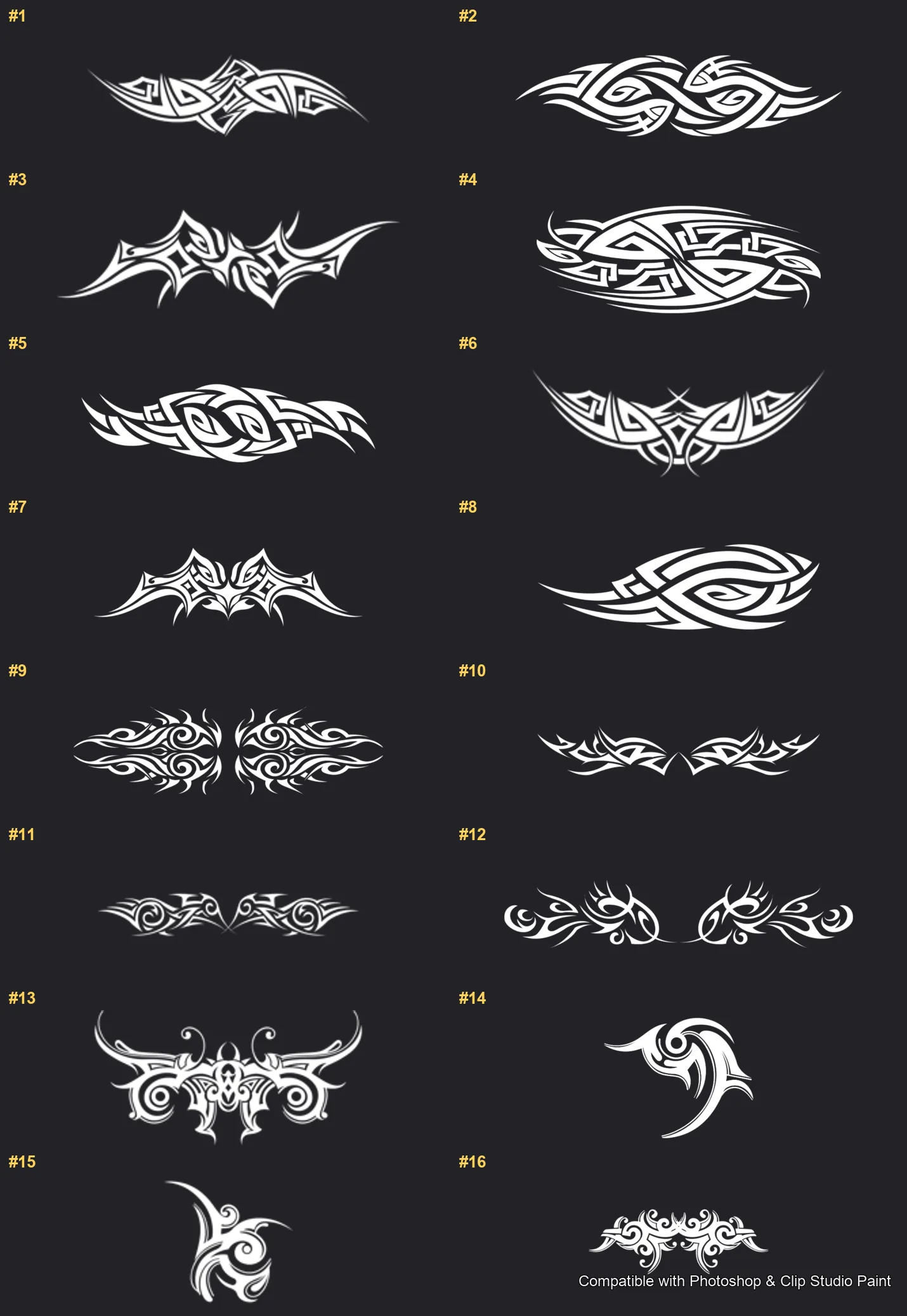 Tattoo Flash Photoshop & Clip Studio Paint brushes overview sheet 1