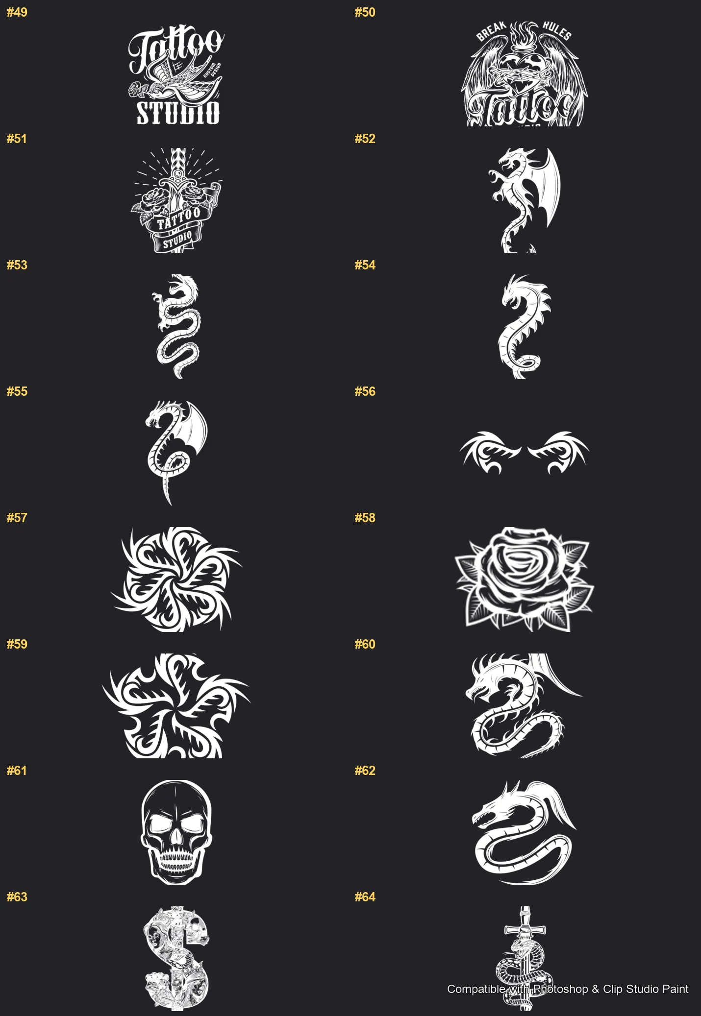 Tattoo Flash Photoshop & Clip Studio Paint brushes overview sheet 4