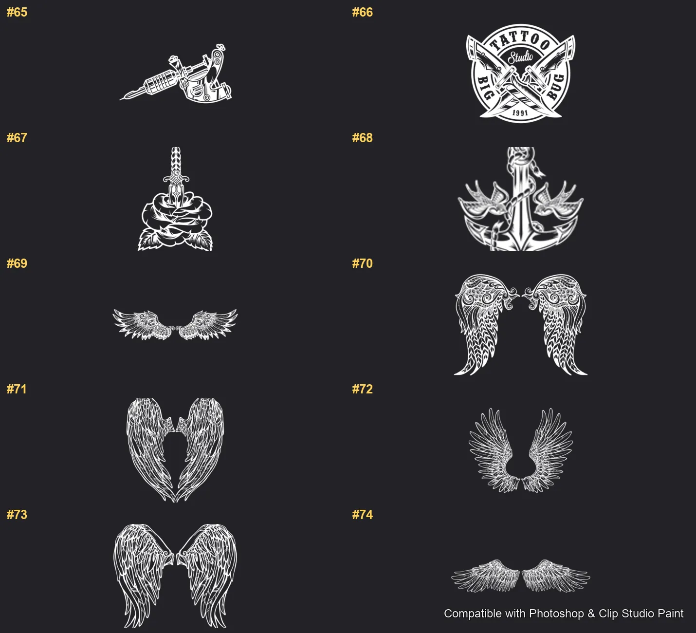 Tattoo Flash Photoshop & Clip Studio Paint brushes overview sheet 5