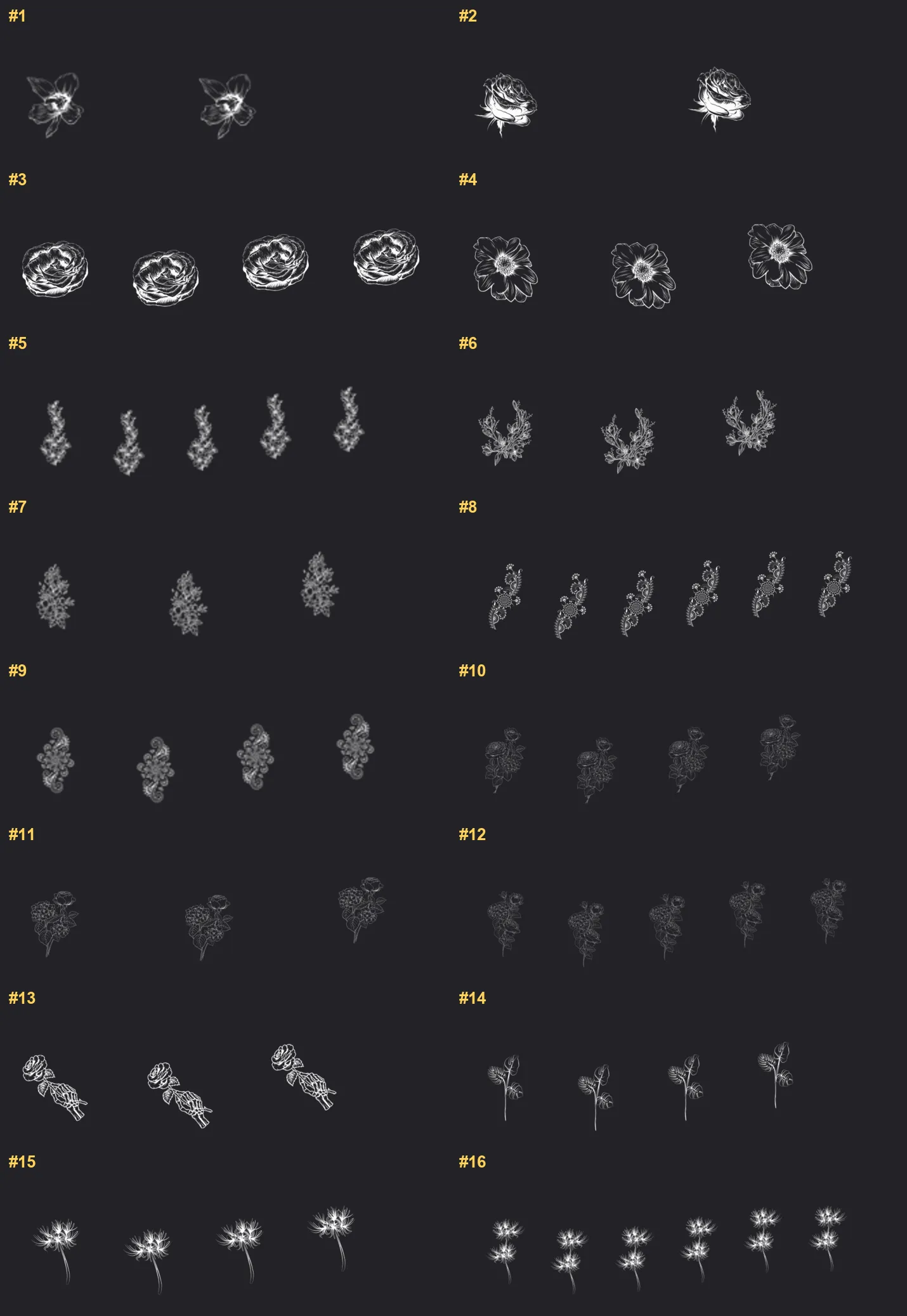 Tattoo Flower Procreate brushes overview sheet 1