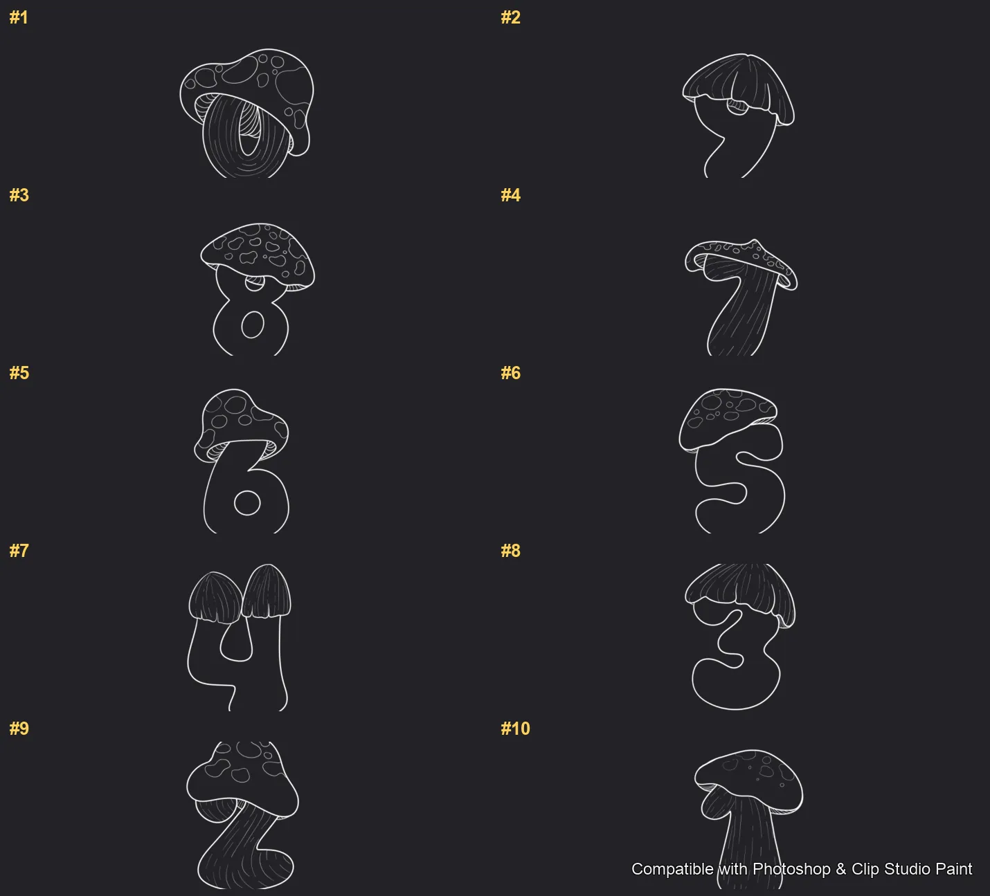 Toadstool Numbers Photoshop & Clip Studio Paint brushes overview sheet 1