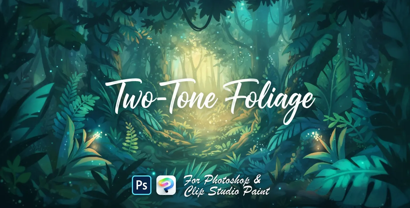 Two-Tone Foliage Photoshop & Clip Studio Paint brush set — 13 brushes, still life & landscape