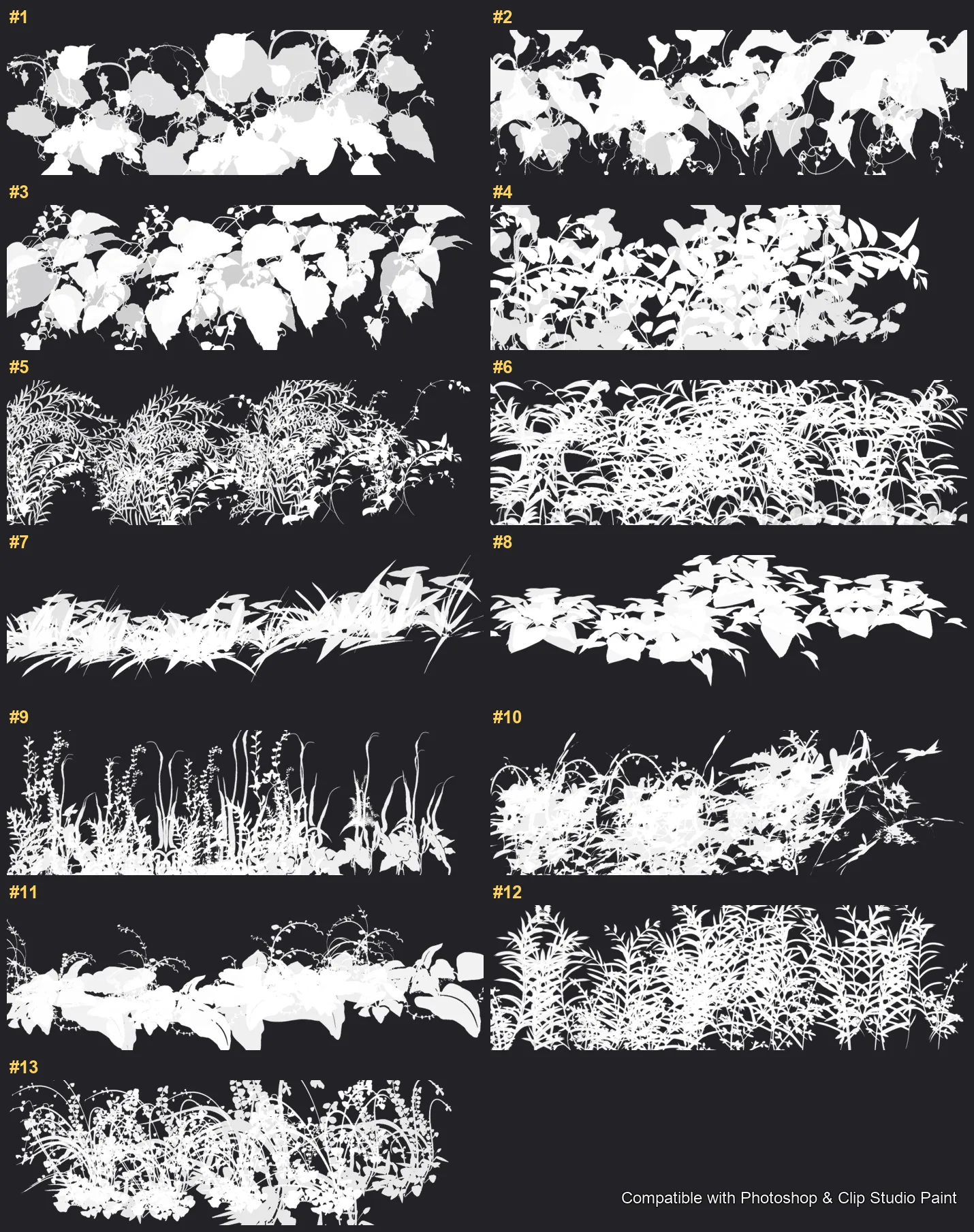 Two-Tone Foliage Photoshop & Clip Studio Paint brushes overview sheet 1