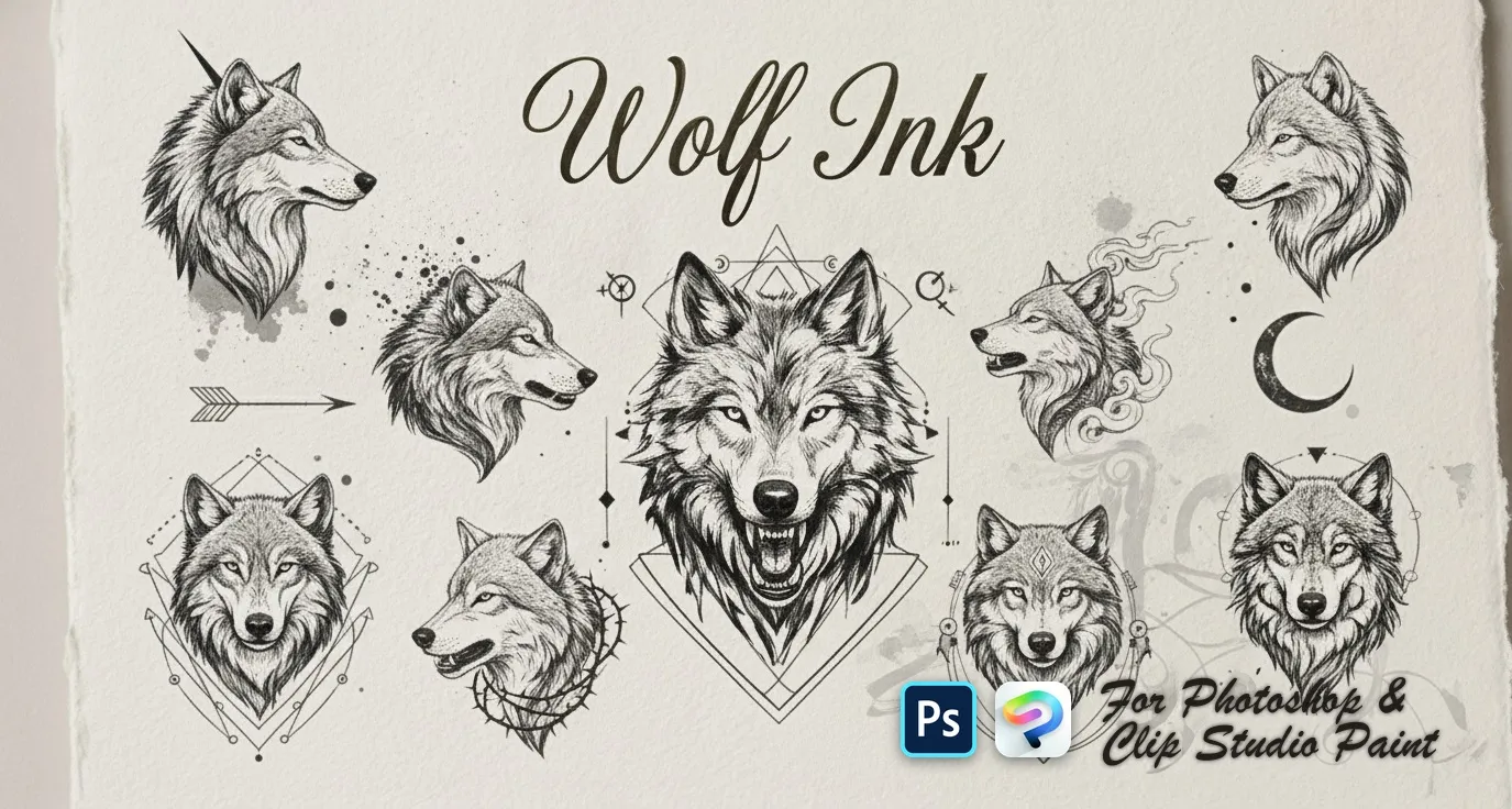 Wolf Ink Photoshop & Clip Studio Paint brush set cover