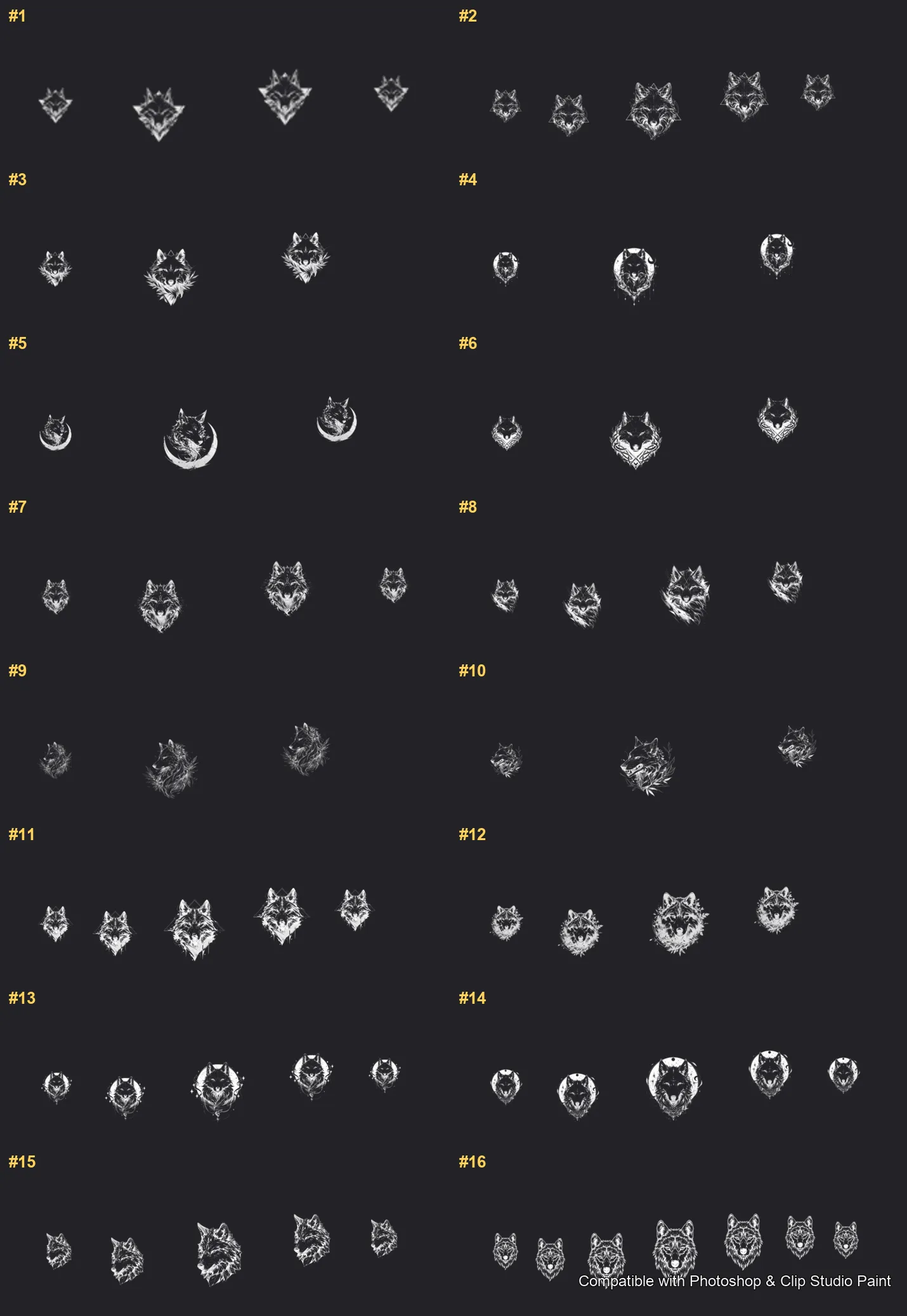 Wolf Ink Photoshop & Clip Studio Paint brushes overview sheet 1
