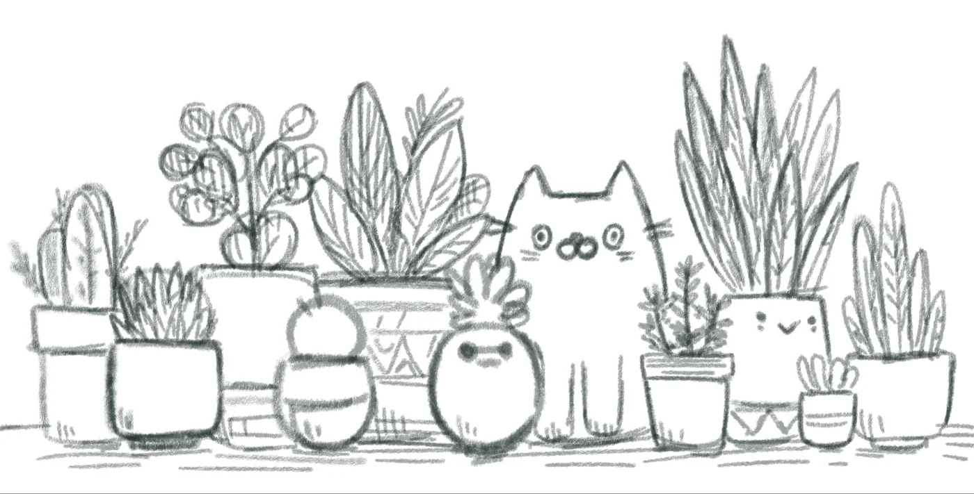 Cozy plants — starting sketch in Procreate